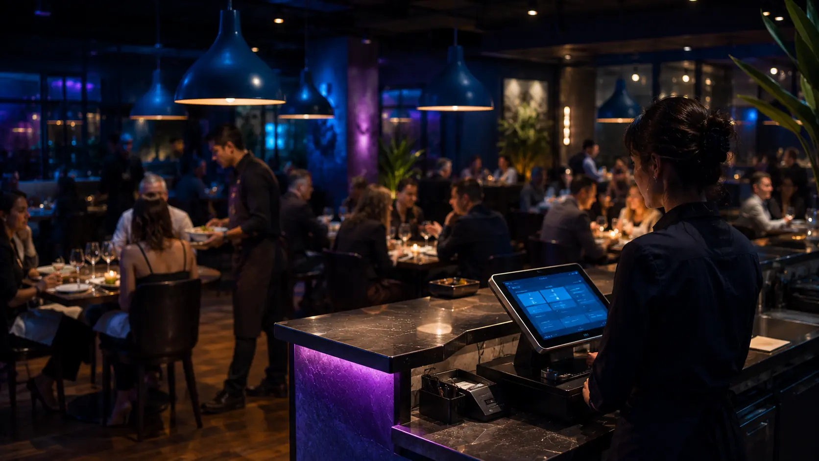 Gerente de restaurante de avental conferindo um tablet com painel de gestão no pass da cozinha, com a equipe trabalhando ao fundo — sistema para restaurante
